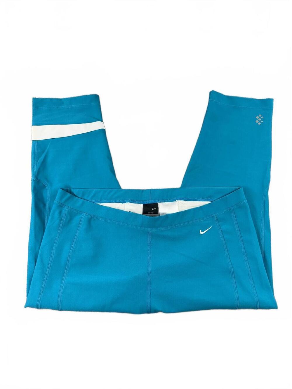 Nike Dri Fit Blue Cropped Capri Leggings with White Accent Panels